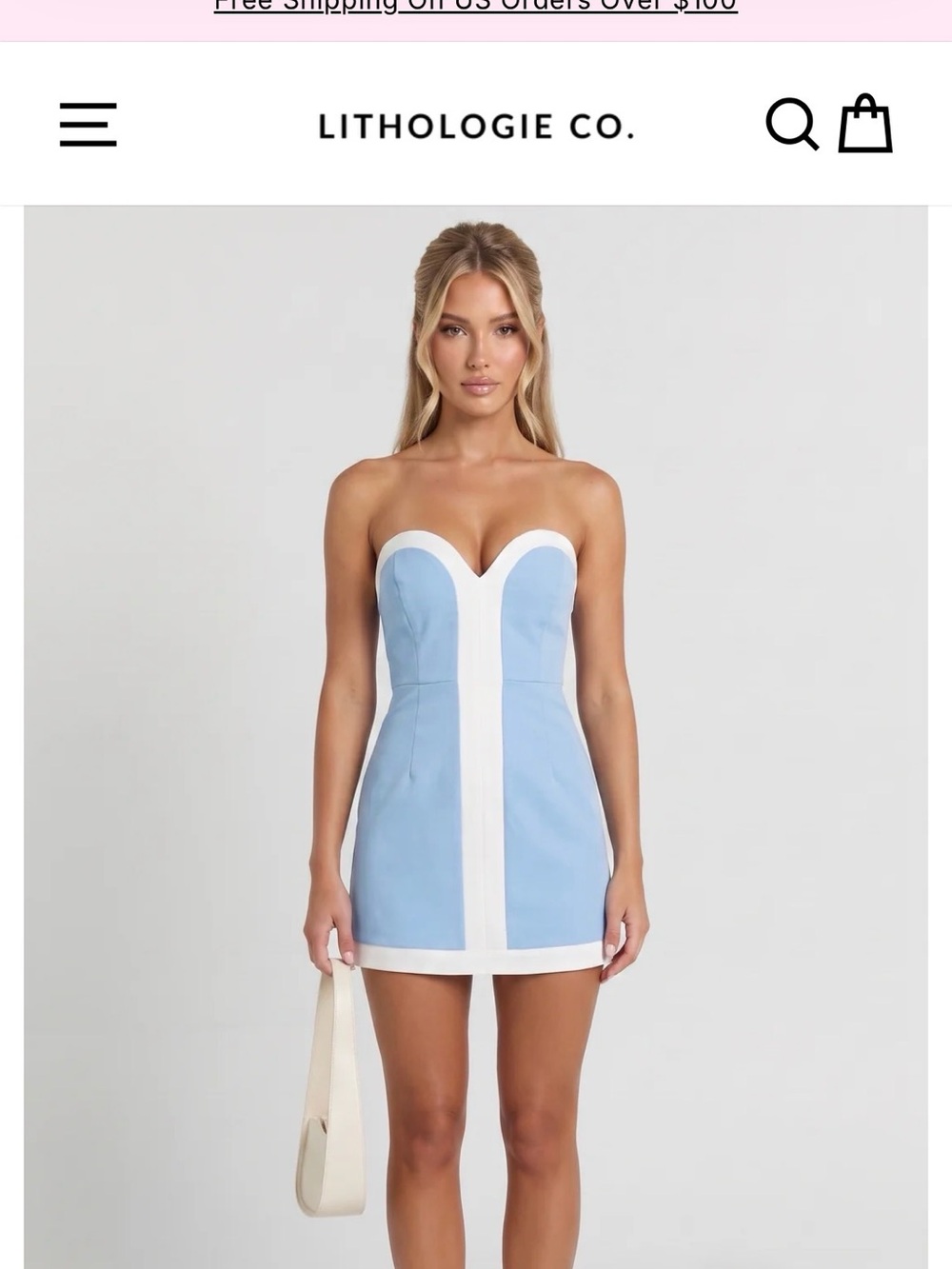 Strapless Light Blue and White Contrast Mini Dress